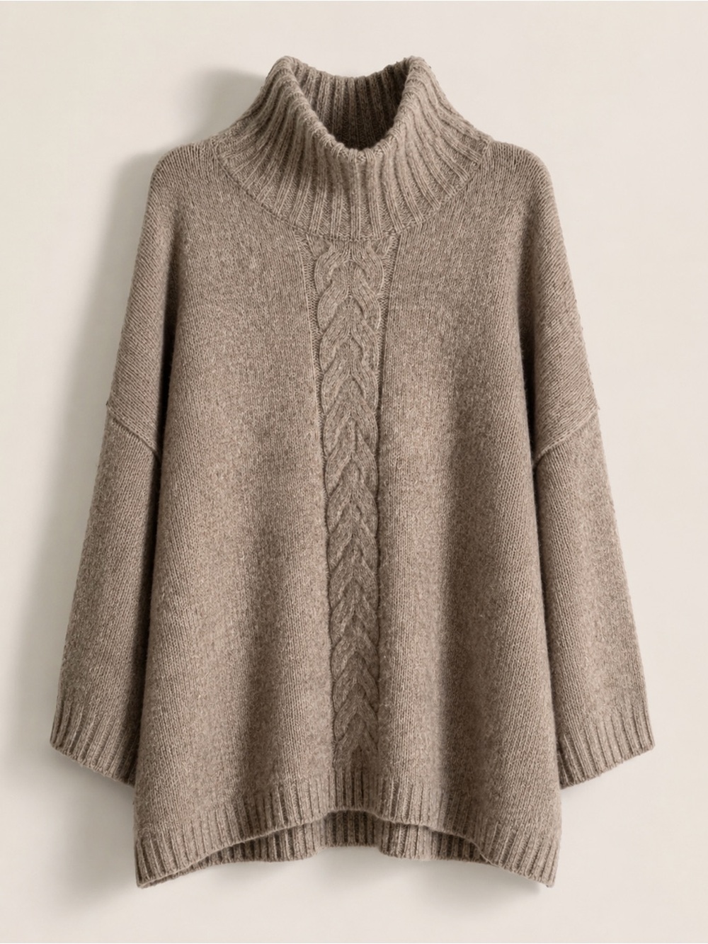 French Connection Wool Taupe Cable-Knit Turtleneck Sweater